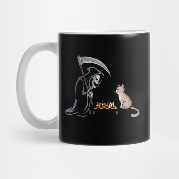 Grim Reaper vs Cat Chess Match - Dark Humor Design by Designed By Marty